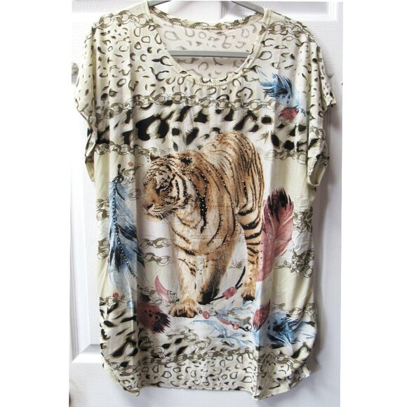 Women's Tan Beige Tiger Print Short Sleeve Stretchy Graphic Shirt Sparkle Top - Picture 1 of 3